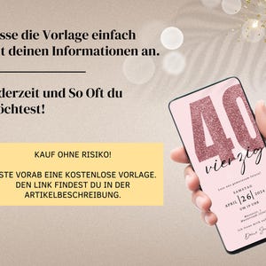 Convite digital para WhatsApp para aniversário de 40 anos | Convite eletrônico de aniversário para festa de 40 anos | Cartão de aniversário digital | Cartão eletrônico rosa imagem 5