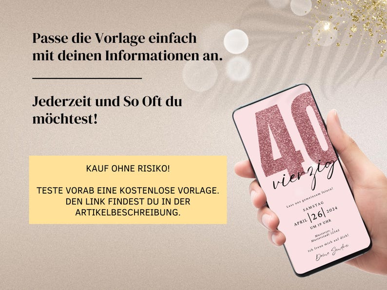 Convite digital para WhatsApp para aniversário de 40 anos | Convite eletrônico de aniversário para festa de 40 anos | Cartão de aniversário digital | Cartão eletrônico rosa imagem 5