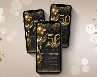 Convite digital para WhatsApp para aniversário de 50 anos | Convite eletrônico de aniversário para festa de 50 anos | Cartão de aniversário digital | Cartão eletrônico preto e dourado