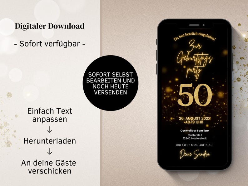 Digital WhatsApp invitation for a 50th birthday | Electronic birthday invitation for a 50th birthday party | Digital birthday card | Animated video eCard image 2