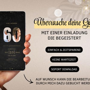 Cyfrowe zaproszenie WhatsApp na 60. urodziny | Elektroniczne zaproszenie na 60. urodziny | Cyfrowa kartka urodzinowa | Złota e-kartka ze zdjęciem zdjęcie 6