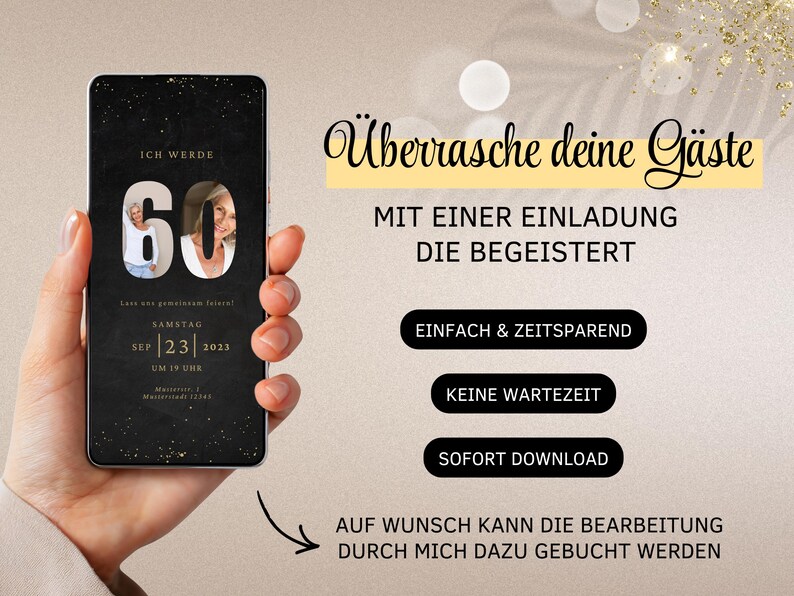 Cyfrowe zaproszenie WhatsApp na 60. urodziny | Elektroniczne zaproszenie na 60. urodziny | Cyfrowa kartka urodzinowa | Złota e-kartka ze zdjęciem zdjęcie 6