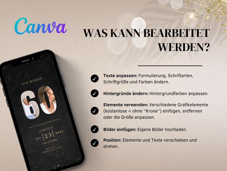 Cyfrowe zaproszenie WhatsApp na 60. urodziny | Elektroniczne zaproszenie na 60. urodziny | Cyfrowa kartka urodzinowa | Złota e-kartka ze zdjęciem zdjęcie 3