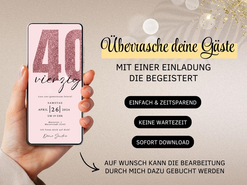 Convite digital para WhatsApp para aniversário de 40 anos | Convite eletrônico de aniversário para festa de 40 anos | Cartão de aniversário digital | Cartão eletrônico rosa imagem 6