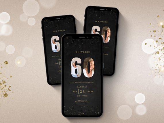 Digitale Whatsapp Einladung 60 | elektronische Geburtstagseinladung 60 Geburtstagsfeier  | Geburtstagskarte digital | eCard Foto gold