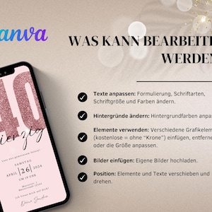 Convite digital para WhatsApp para aniversário de 40 anos | Convite eletrônico de aniversário para festa de 40 anos | Cartão de aniversário digital | Cartão eletrônico rosa imagem 3