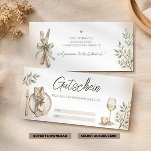 May include: Two rectangular gift vouchers featuring watercolour illustrations of cutlery, a napkin, a wine glass, and green leaves. The text includes 'GUTE GESPRÄCHE. LECKERES ESSEN. UNVERGESSLICHE MOMENTE.', 'Weil gemeinsame Zeit das Schönste ist!', 'Gutschein', 'FÜR EIN GEMEINSAMES ESSEN', 'FÜR', 'VON', 'SOFORT DOWNLOAD', and 'SELBST AUSDRUCKEN'.