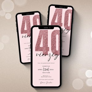 Convite digital para WhatsApp para aniversário de 40 anos | Convite eletrônico de aniversário para festa de 40 anos | Cartão de aniversário digital | Cartão eletrônico rosa imagem 1