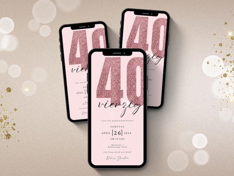 Convite digital para WhatsApp para aniversário de 40 anos | Convite eletrônico de aniversário para festa de 40 anos | Cartão de aniversário digital | Cartão eletrônico rosa imagem 1