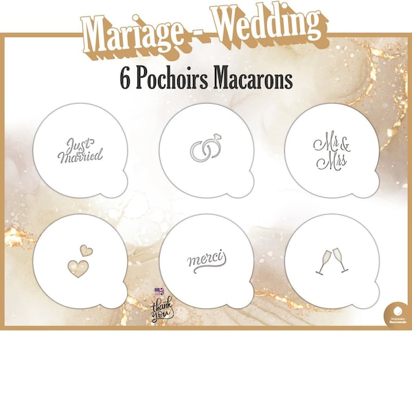 Lot de 6 pochoirs Mariage pour macarons