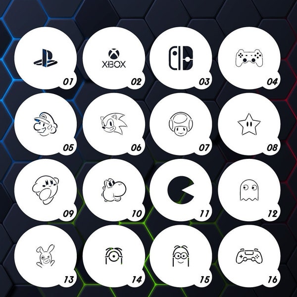 Pochoir thème jeux vidéo pour macarons, biscuits et autres dimensions pour toutes vos pâtisseries