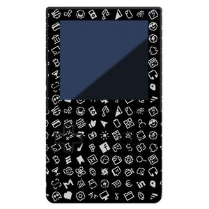 May include: A black handheld gaming device with a screen and a directional pad. The device is covered in a pattern of white pixelated icons, including social media logos, web symbols, and other digital icons.
