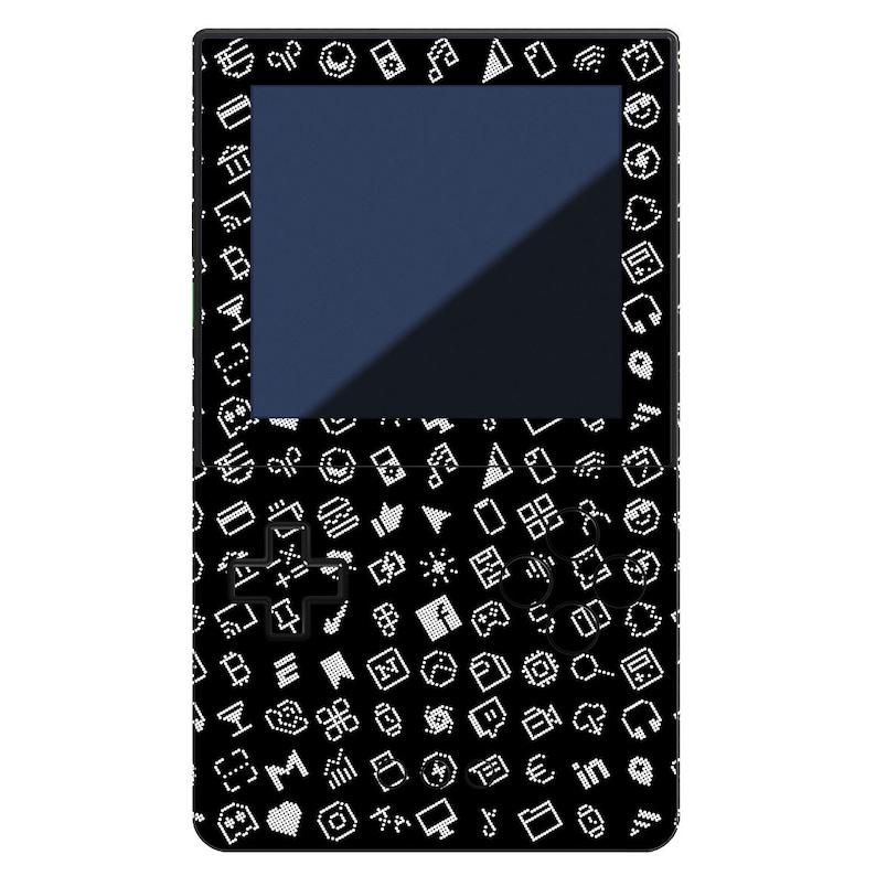 May include: A black handheld gaming device with a screen and a directional pad. The device is covered in a pattern of white pixelated icons, including social media logos, web symbols, and other digital icons.