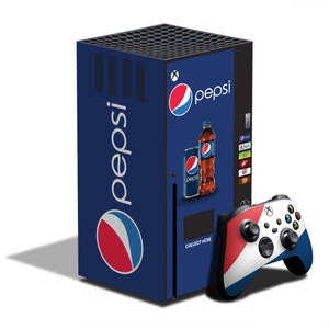 May include: A navy blue Xbox Series X console modified to resemble a Pepsi vending machine. The console features the Pepsi logo and branding, with a controller in red, white, and blue. A bottle and can of Pepsi are displayed.