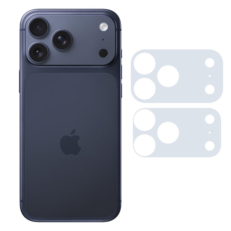 May include: A dark blue smartphone with a triple-lens camera system and a separate camera lens protector. The phone has the Apple logo on the back. Two clear lens protectors are shown next to the phone.