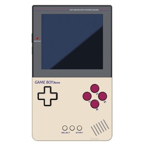 May include: A beige and black handheld video game console with a black and white screen. The console has a purple and white logo that reads "GAME BOYZero". The console has a white cross-shaped button, four purple buttons, and three white round buttons labelled "SELECT" and "START".