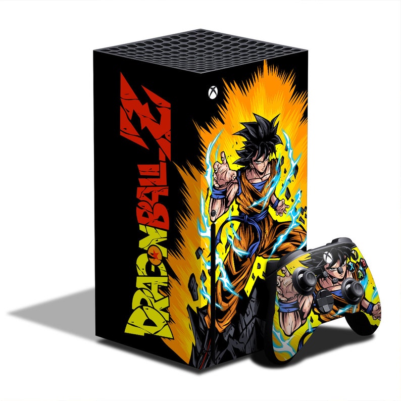 May include: Black Xbox Series X console and matching controller featuring Dragon Ball Z artwork. The console has a black top and sides with a vibrant illustration of Goku and the Dragon Ball Z logo in orange and yellow.