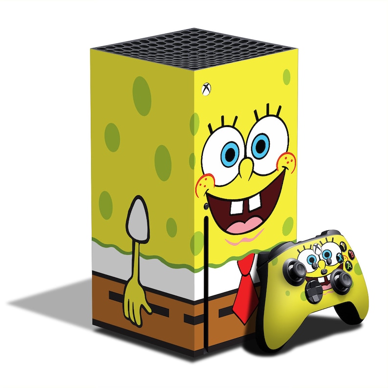 May include: A yellow Xbox Series X console and matching controller featuring a SpongeBob SquarePants design. The console is yellow with green spots and a large SpongeBob face. The controller is yellow with SpongeBob's face.
