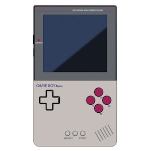May include: A grey and white handheld video game console with a black and blue screen. The console has a red battery indicator, a purple GAME BOY Zero label, a black cross-shaped button, and four pink circular buttons labelled A, B, Y, and X. The console also has three white circular buttons labelled SELECT, START, and a speaker.