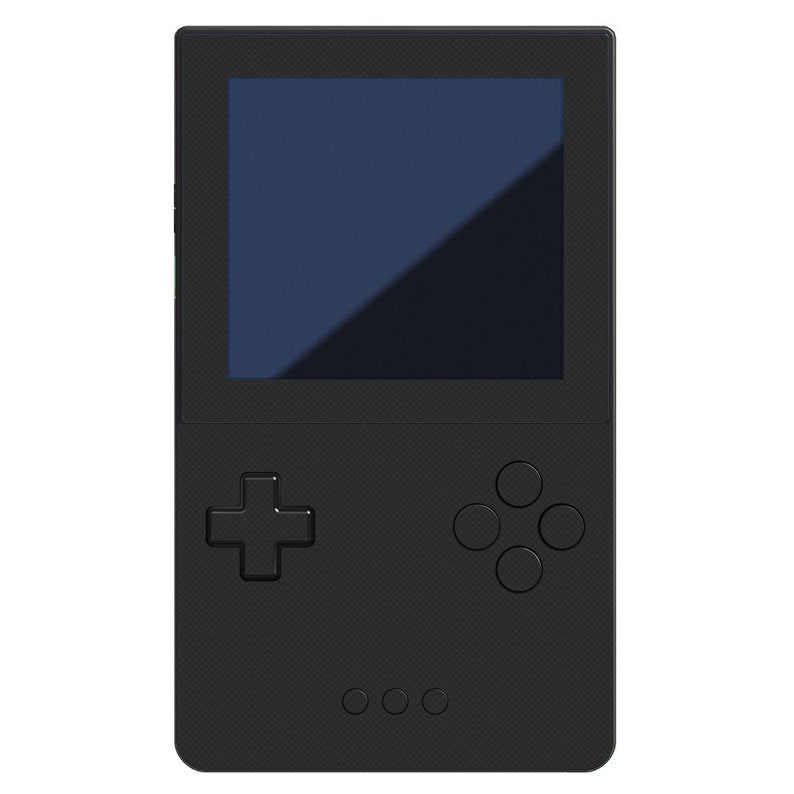 May include: A black handheld video game console with a screen, a directional pad, and four buttons. The console has a black and white colour scheme.