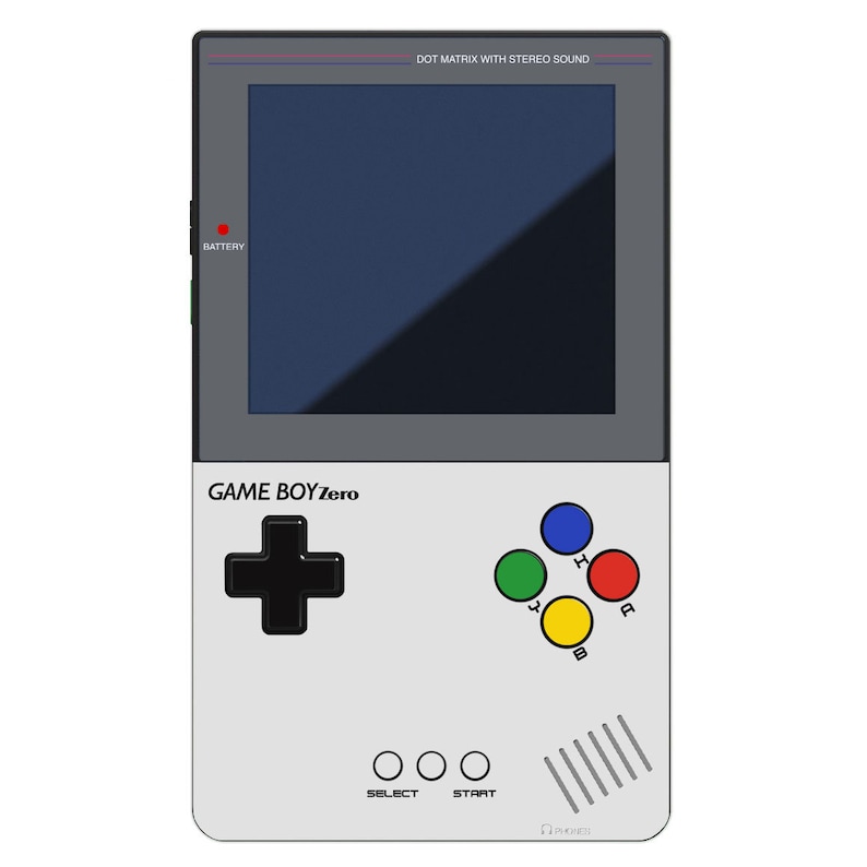 May include: A white and grey handheld video game console with a black and white screen. The console has a black cross-shaped button, four coloured buttons, and the text "GAME BOYZero" printed on the front.