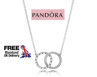 Entwined Circles Pandora Logo & Sparkle Collier Necklace, Double Circle Pendant And Silver Chain, Everyday Necklace, Women Jewellery, S925