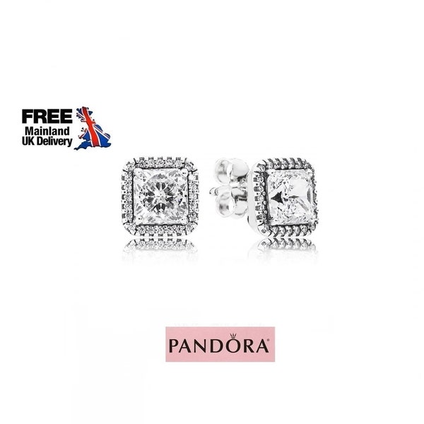 Pandora Square Halo Stud Earrings Everyday Essentials: Silver Sterling Square Stud Earrings for Ladies 290591CZ