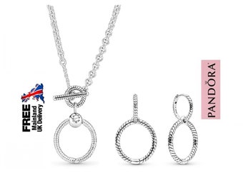 Pandora New T-bar Neckalce Gift Set Moments Charm Double Hoop Earrings & 50cm O Pendant T-bar Necklace in S925 ALE: Exquisite Snake Chain