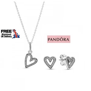 Pandora Freehand Heart Gift Set Elegant 45cm Heart Pendant Necklace & Stud Earrings S925 Handmade Pandora Jewellery New Gift Set for Women