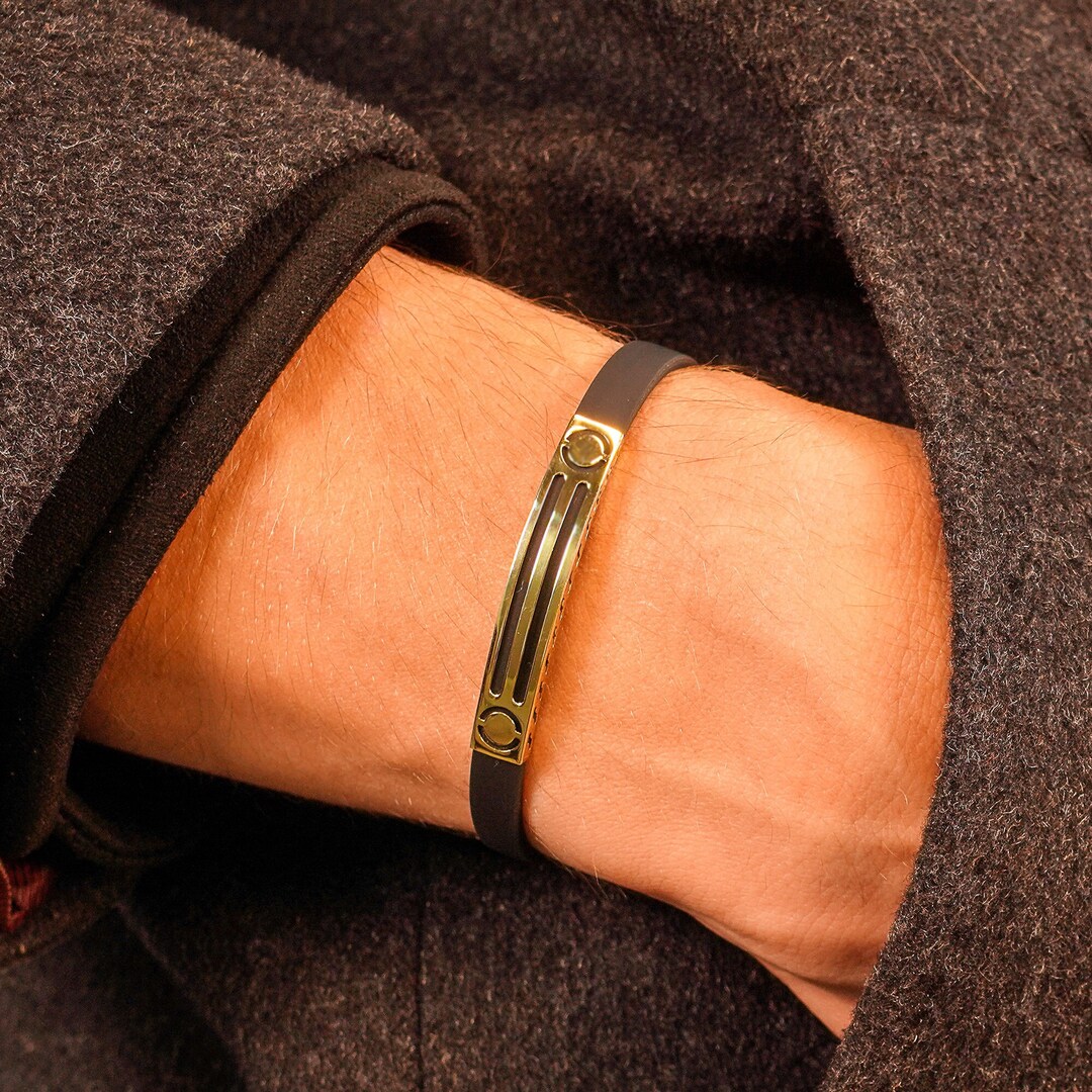 14K Solid Gold Bracelet for Men, Mens Bracelet, Black Rubber Cord, Gift