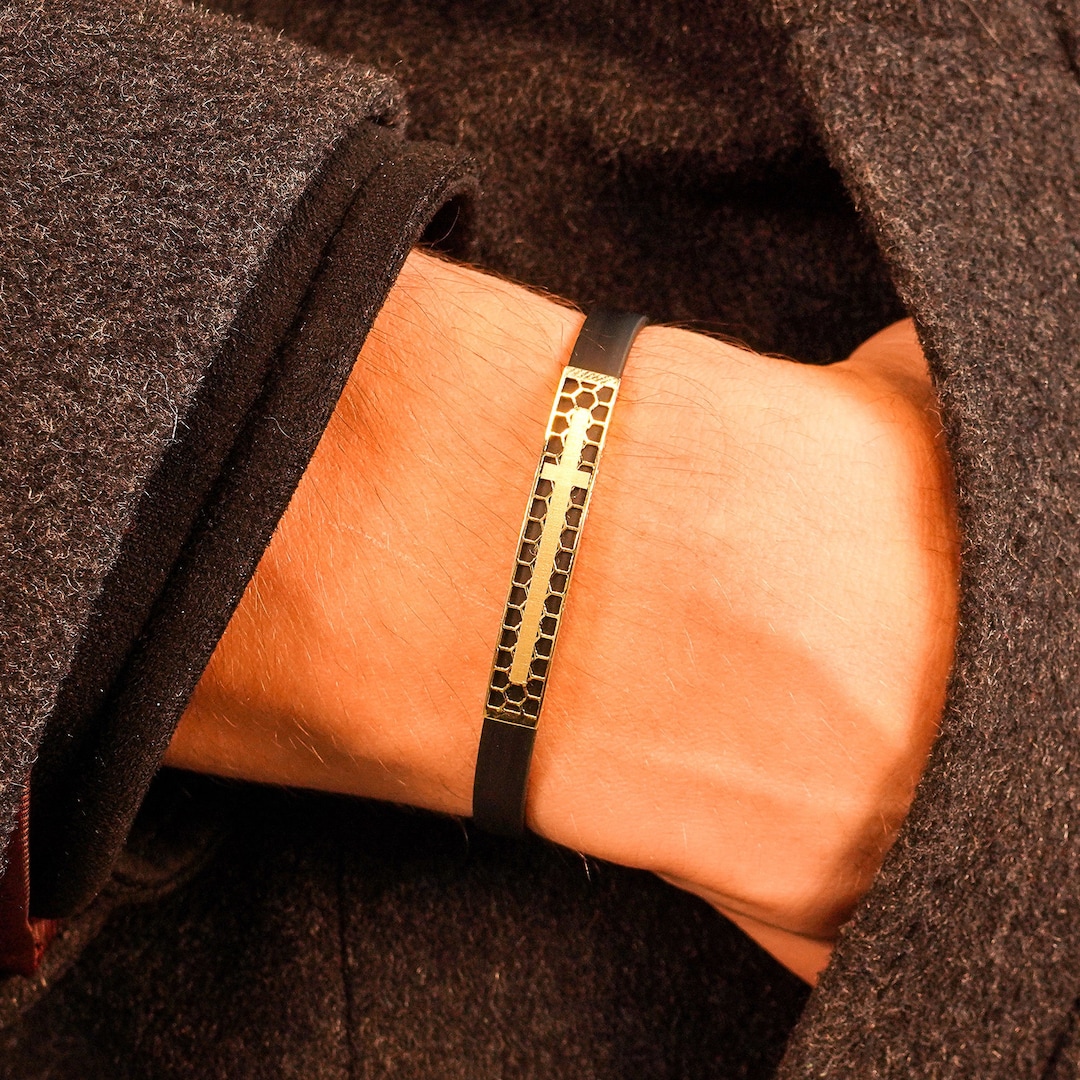 14K Solid Gold Men Bracelet, Men's Black Rubber Cord Gold Bracelet, Anniversary Gift for Him