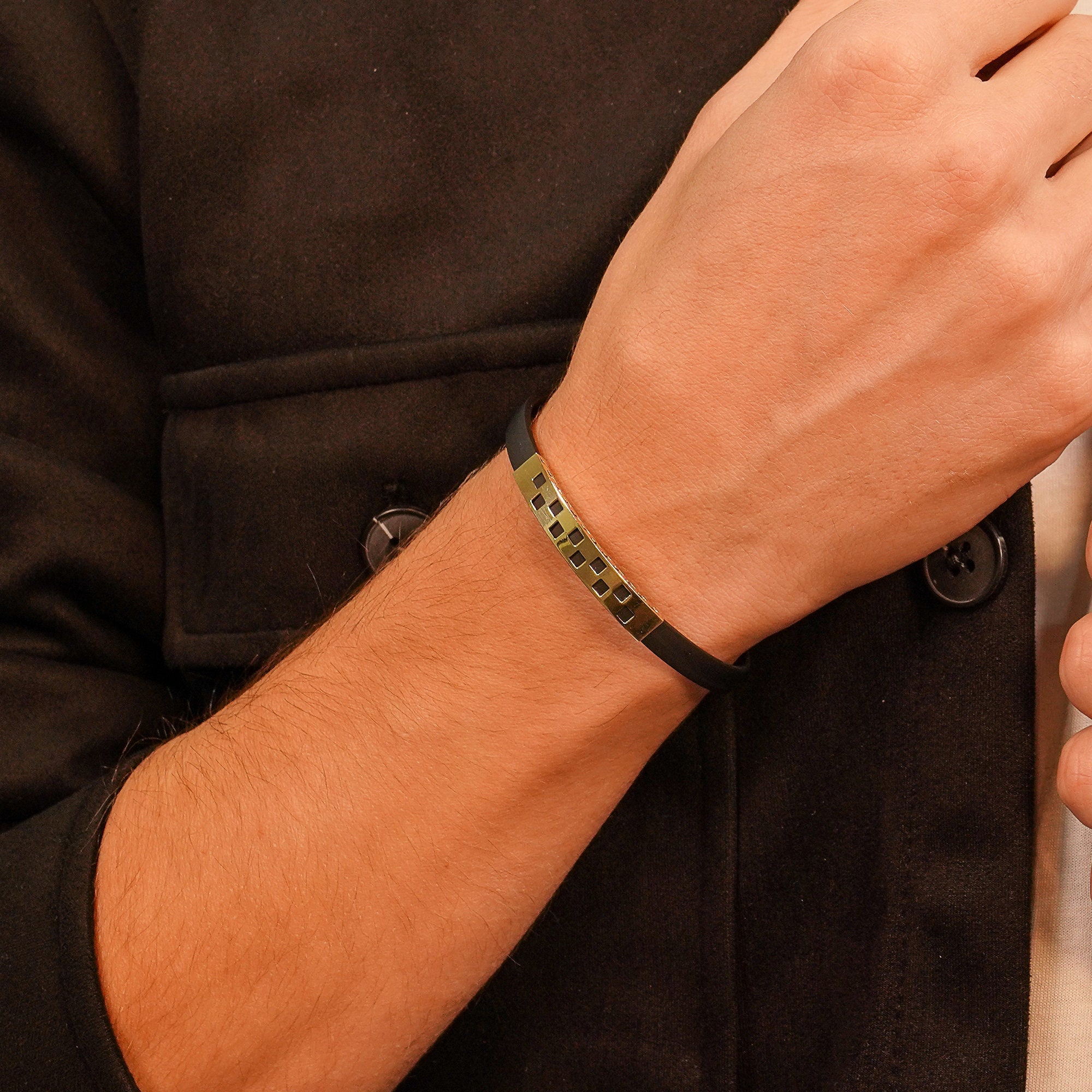 Men's Gold Bangle Bracelet, 14K Solid Gold Black Rubber Bracelet, Rubber Cord, Dainty Gold