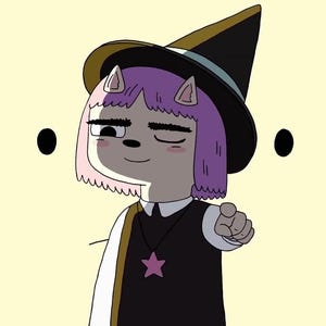 May include: A digital illustration of a character with purple hair, pointed ears, and a black witch hat. The character wears a black vest over a white shirt with a star pendant necklace and is pointing forward with one hand against a pale yellow background.
