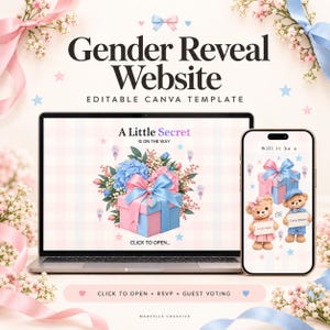 Puede incluir: Una plantilla de sitio web para revelación de género mostrada en una laptop y un teléfono inteligente. El diseño incluye cajas de regalo rosas y azules, ositos de peluche, arreglos florales y texto como A Little Secret Is On The Way y Click To Open.