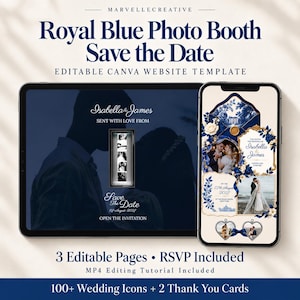 May include: A digital wedding invitation template featuring a royal blue and cream color scheme. The design includes a photo booth strip, floral accents, and text reading Isabella & James, Save the Date, 07-August-2027, and 3 Editable Pages.