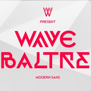 Puede incluir: Un diseño gráfico para una fuente llamada "Wave Baltre" en un estilo moderno sans-serif. La fuente se presenta en rojo sobre un fondo blanco.