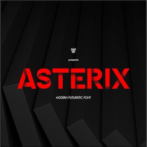 May include: A red futuristic font called "Asterix" with a black background. The font is bold and has a modern, geometric style.