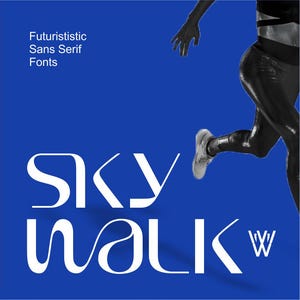 May include: A blue graphic design featuring the words "SKY WALK" in a white, futuristic font. The text "Futuristic Sans Serif Fonts" is at the top left. A person in black athletic wear is running in the background.