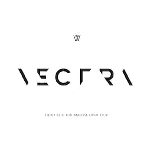 May include: A futuristic minimalist logo font design with the word "VECTRA" in all caps. The letters are stylized with geometric shapes.