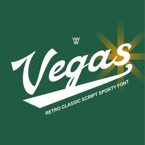 May include: White script font that says "Vegas" with a white baseball-style arc underneath. The text "Retro Classic Script Sporty Font" is below the arc. The background is green with a yellow starburst.