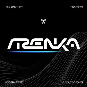May include: A futuristic font called "Renka" with a blue line underneath. The font is white and has a modern, geometric style. The text "100+ Ligatures", "Y2K Fonts", "Modern Fonts", and "Futuristic Fonts" are also visible.