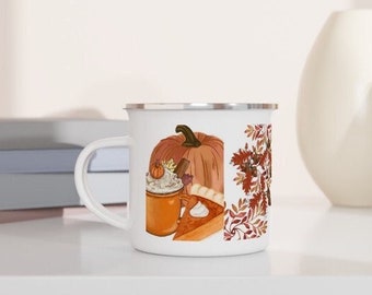 May include: White enamel mug with a fall-themed design featuring a pumpkin, a slice of pie, and a cup of coffee with whipped cream. The design is in shades of orange, brown, and cream.