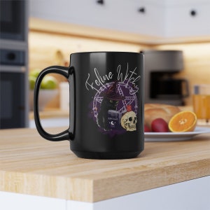 Feline Witchy Mug, Black 15oz Gothic Mug, Witchy Things, Vampire Gift, Fantasy Mug, Cat Mug-Gift for Him, Gift for Her