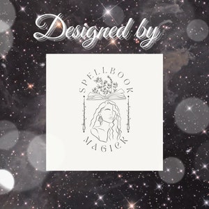 May include: A black and white line art logo with the text "SPELLBOOK MAGIC" and a woman with long hair holding a book with flowers on top of it.