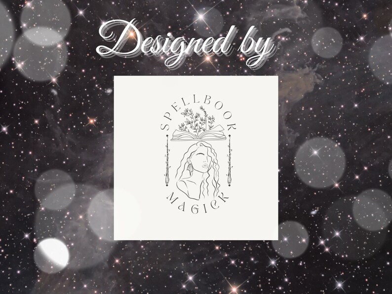 May include: A black and white line art logo with the text "SPELLBOOK MAGIC" and a woman with long hair holding a book with flowers on top of it.