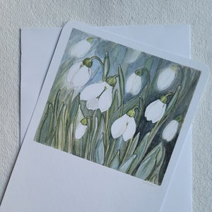 Schneeglöckchen, Frühlingsblumen, Weiß, Blumen, Grußkarte, Handgemalt, Frühlingsbote, Frühling, Aquarell, Wünsche, Druckkarte, Postkarte
