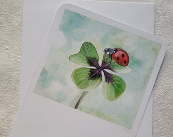 Lucky clover, ladybug, postcard, original hand-painted, insects, congratulations, clover, watercolor, wishes, greeting, greeting card, New Year