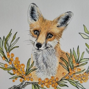 Renard, Automne, Hiver, Noël, Carte postale, Original peint à la main, Félicitations, Amour animal, Aquarelle, Souhaits, Carte de vœux, Carte d’impression,