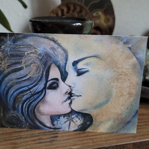 Tarjeta, amantes, luna, estrellas, cuento de hadas, postal, pintada a mano, acuarela, deseos, tarjeta de felicitación, tarjeta impresa