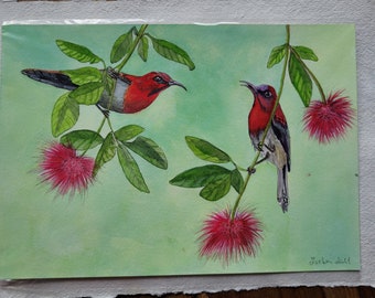 Original, watercolor picture, tree, exotic birds, 21*29.5 cm, hand-painted, unique, red, green